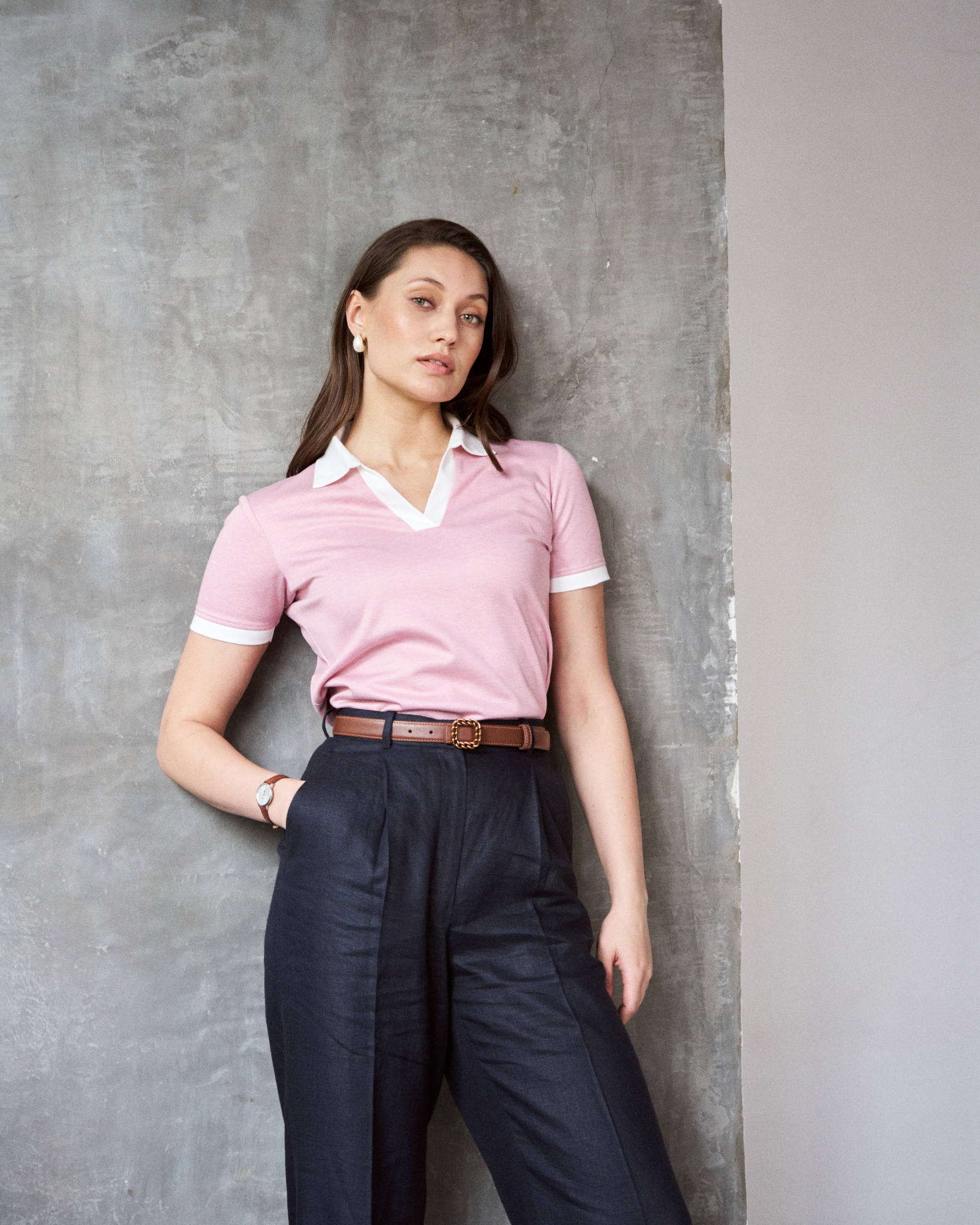 Logus Pink Contrast Polo collar Cotton T-shirt