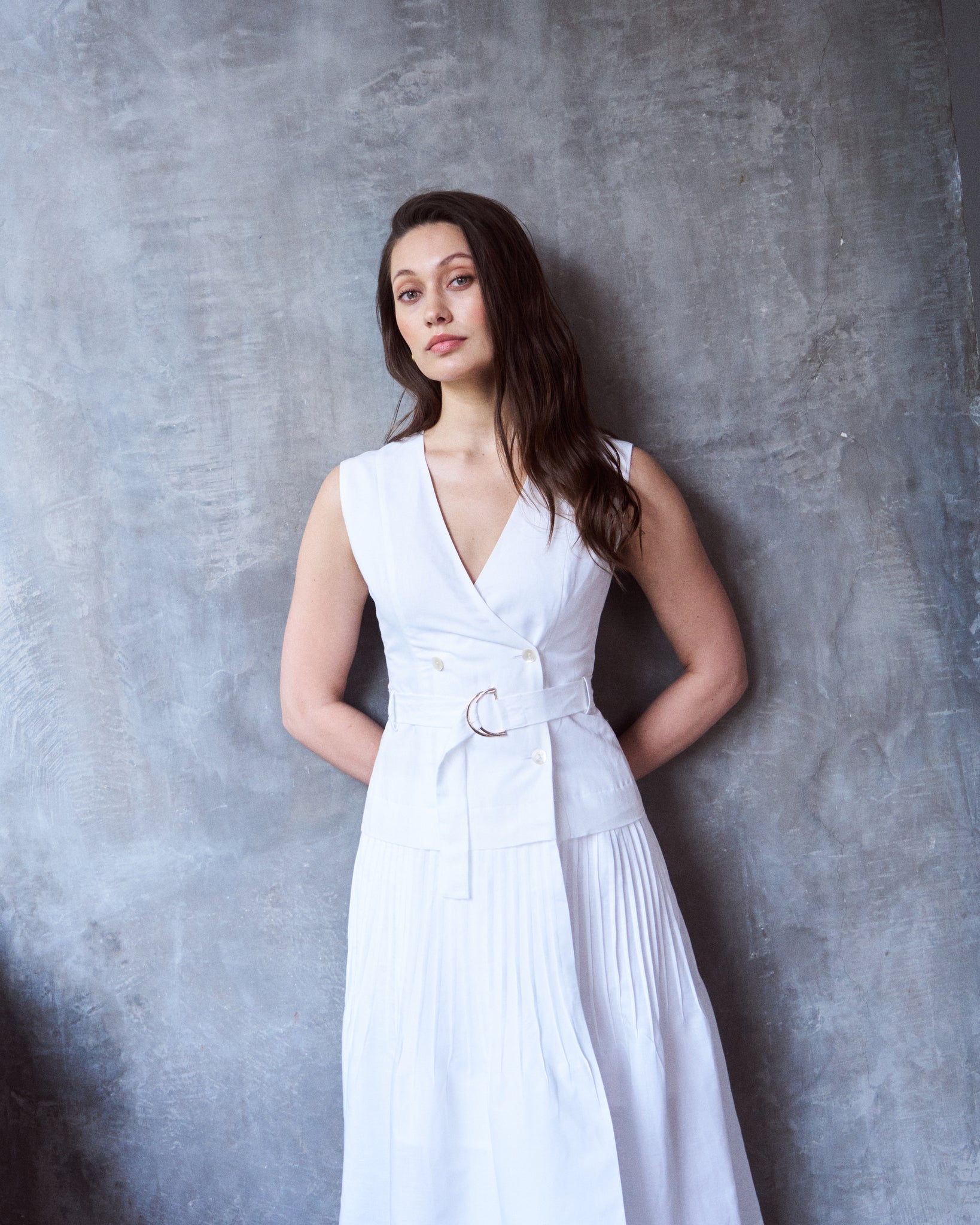 Logus White Linen double breasted pleated wrap dress