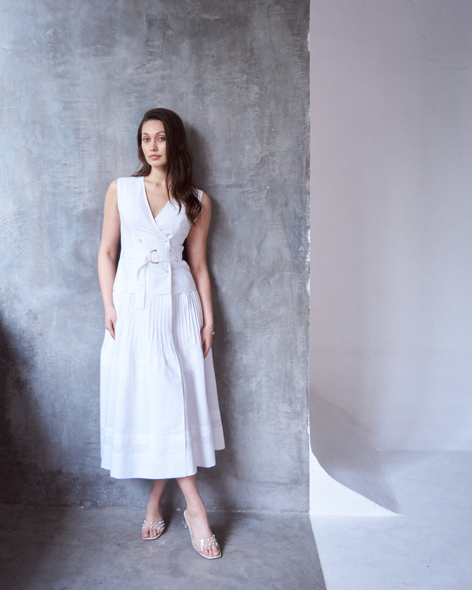 Logus White Linen double breasted pleated wrap dress