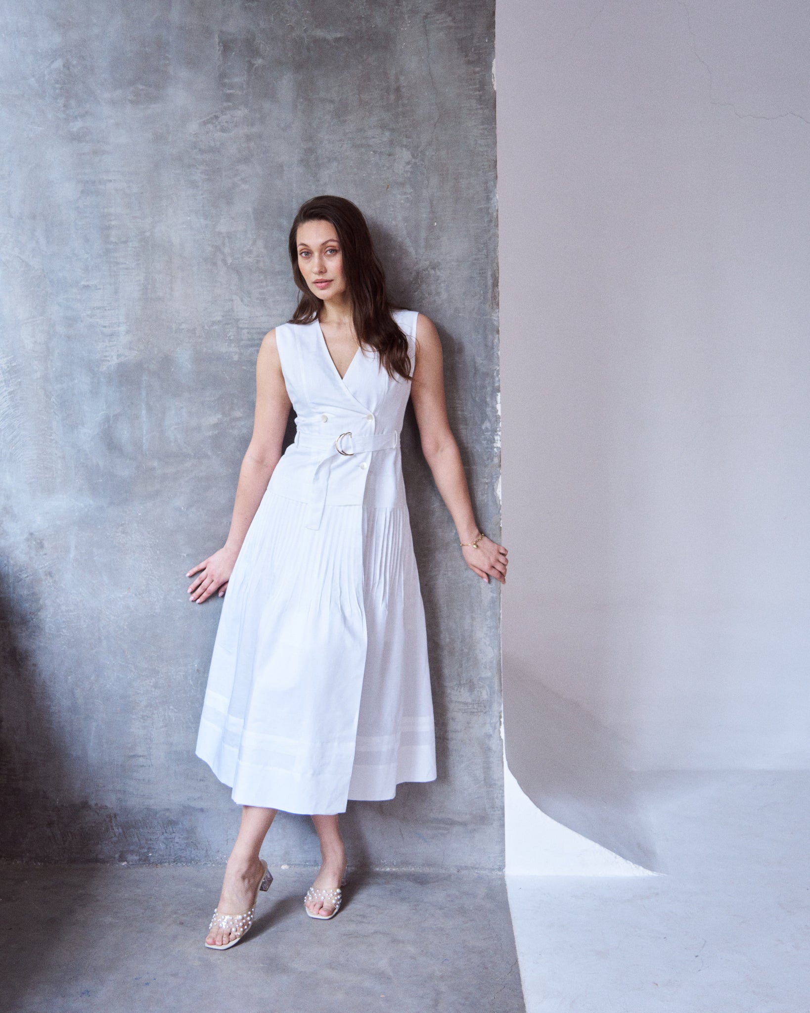 Logus White Linen double breasted pleated wrap dress