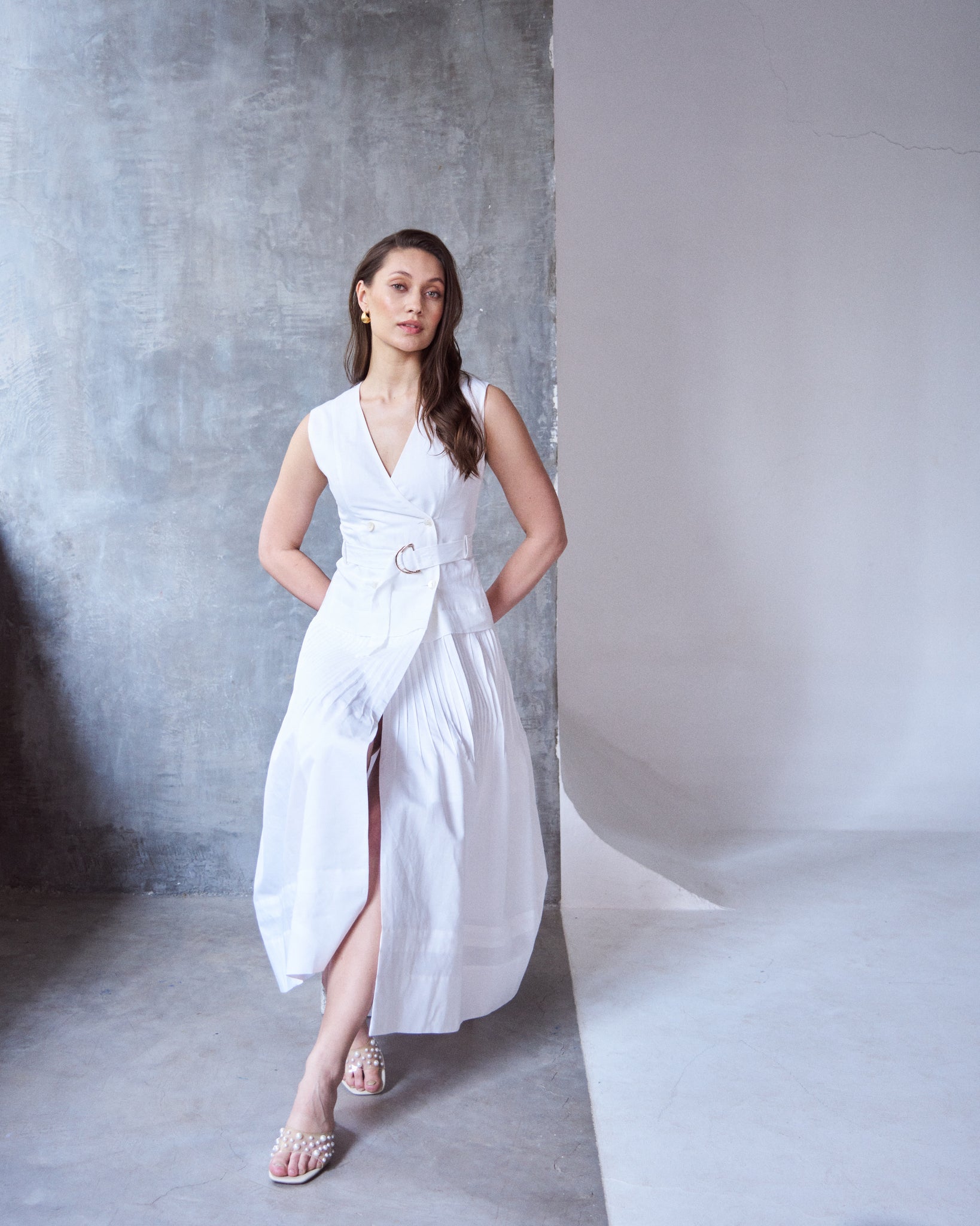 Logus White Linen double breasted pleated wrap dress