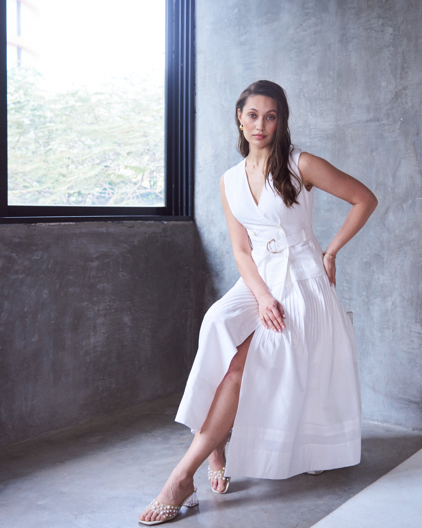 Logus White Linen double breasted pleated wrap dress