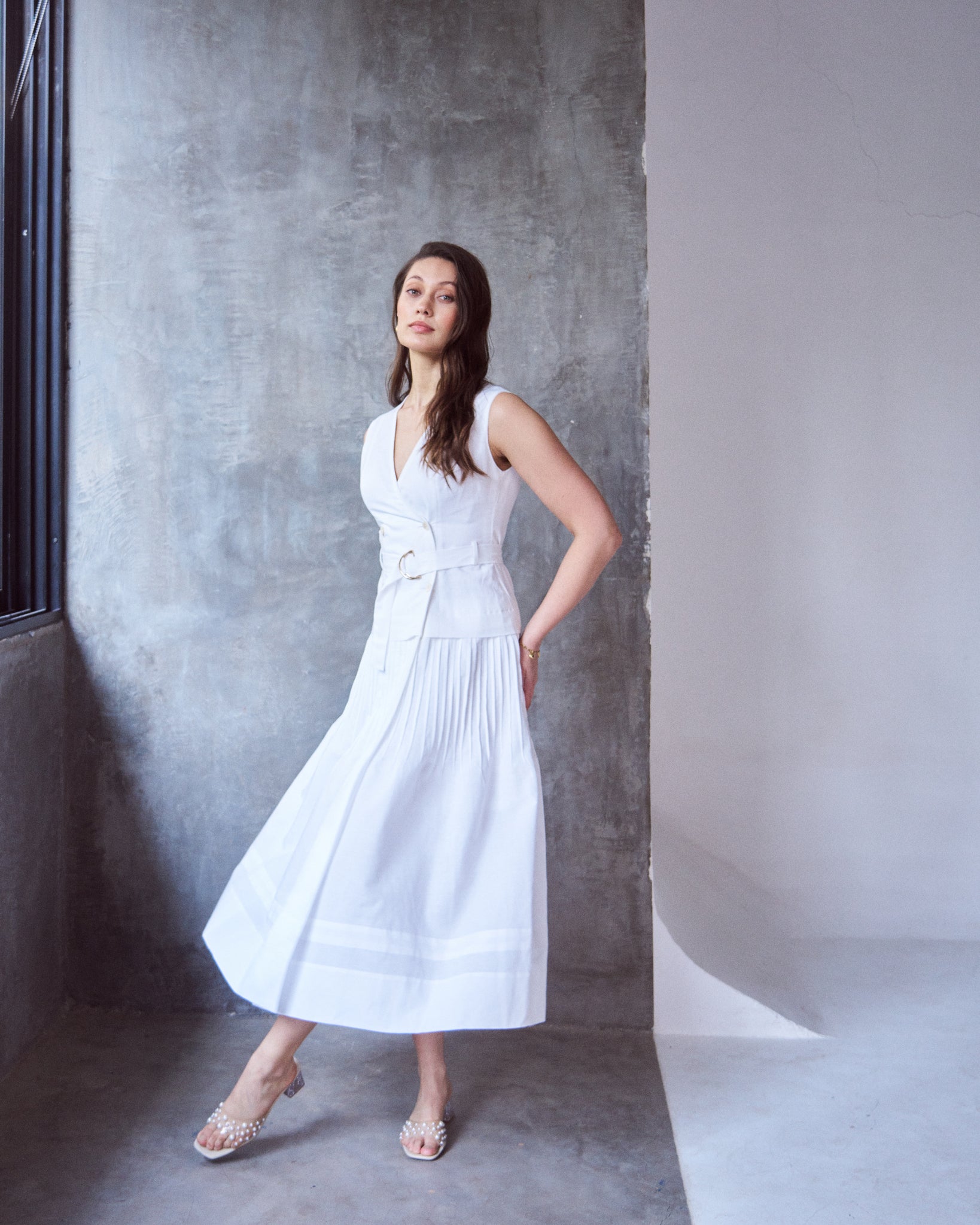 Logus White Linen double breasted pleated wrap dress
