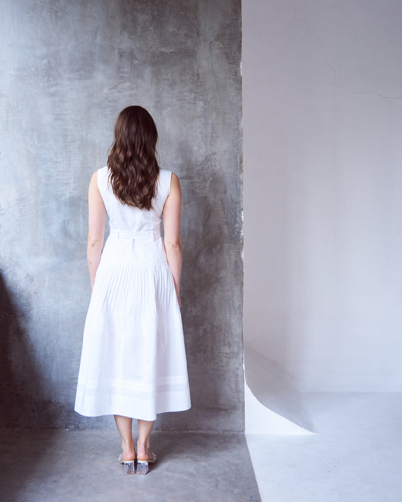 Logus White Linen double breasted pleated wrap dress