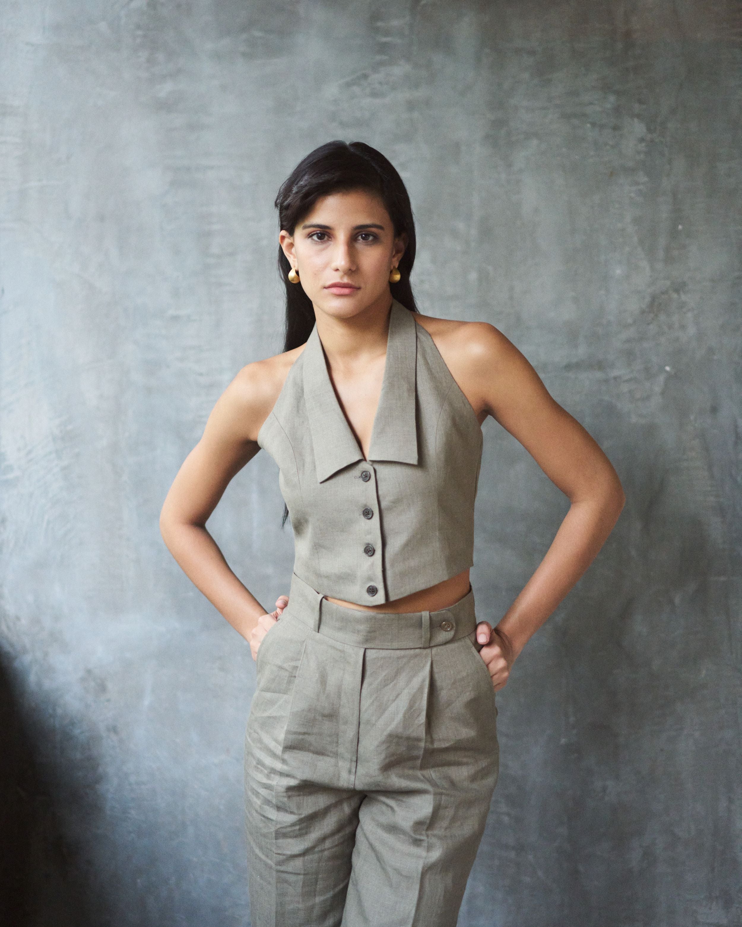 Logus Halter neck Shawl collar Linen waistcoat