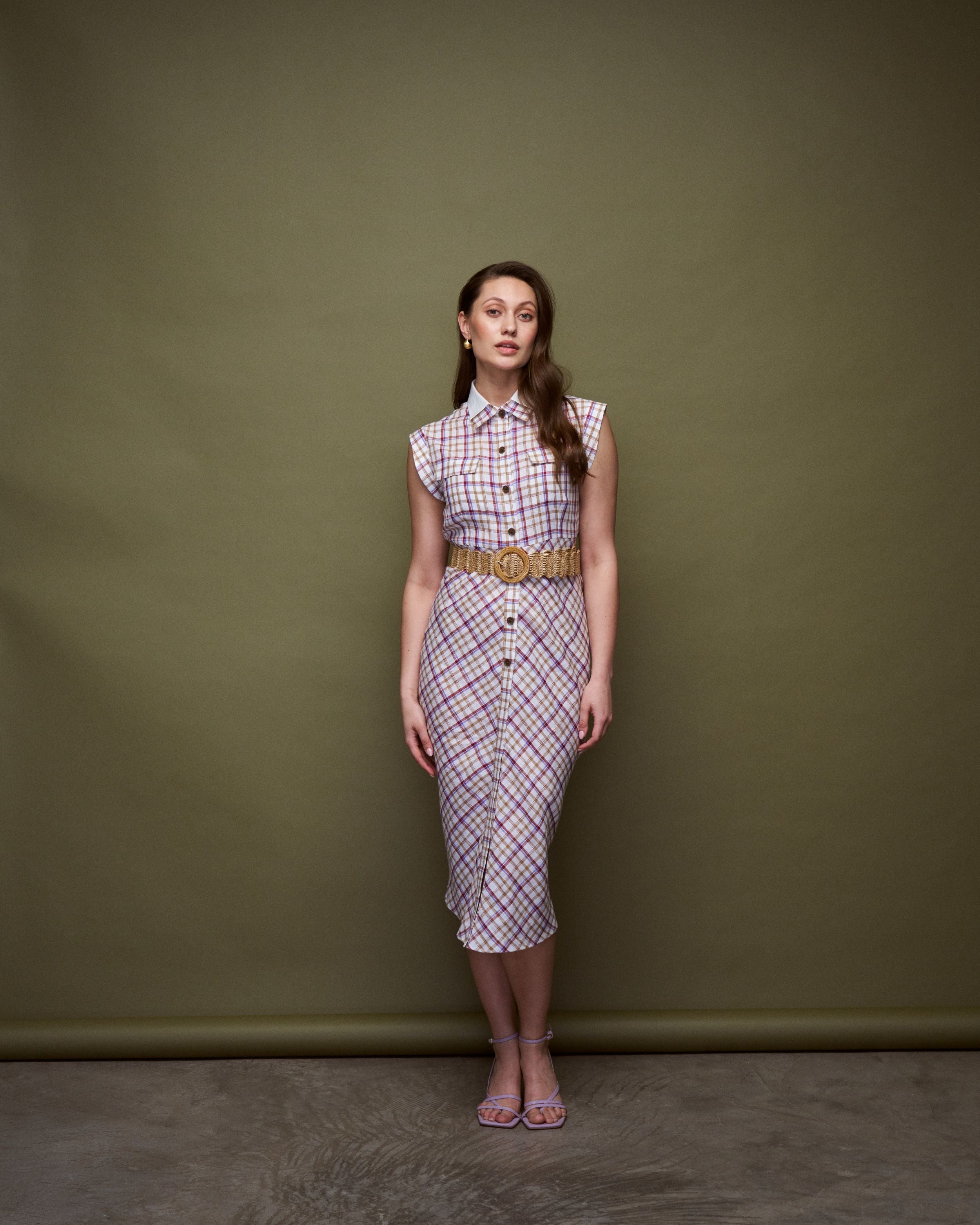 Logus double collar checkered linen dress