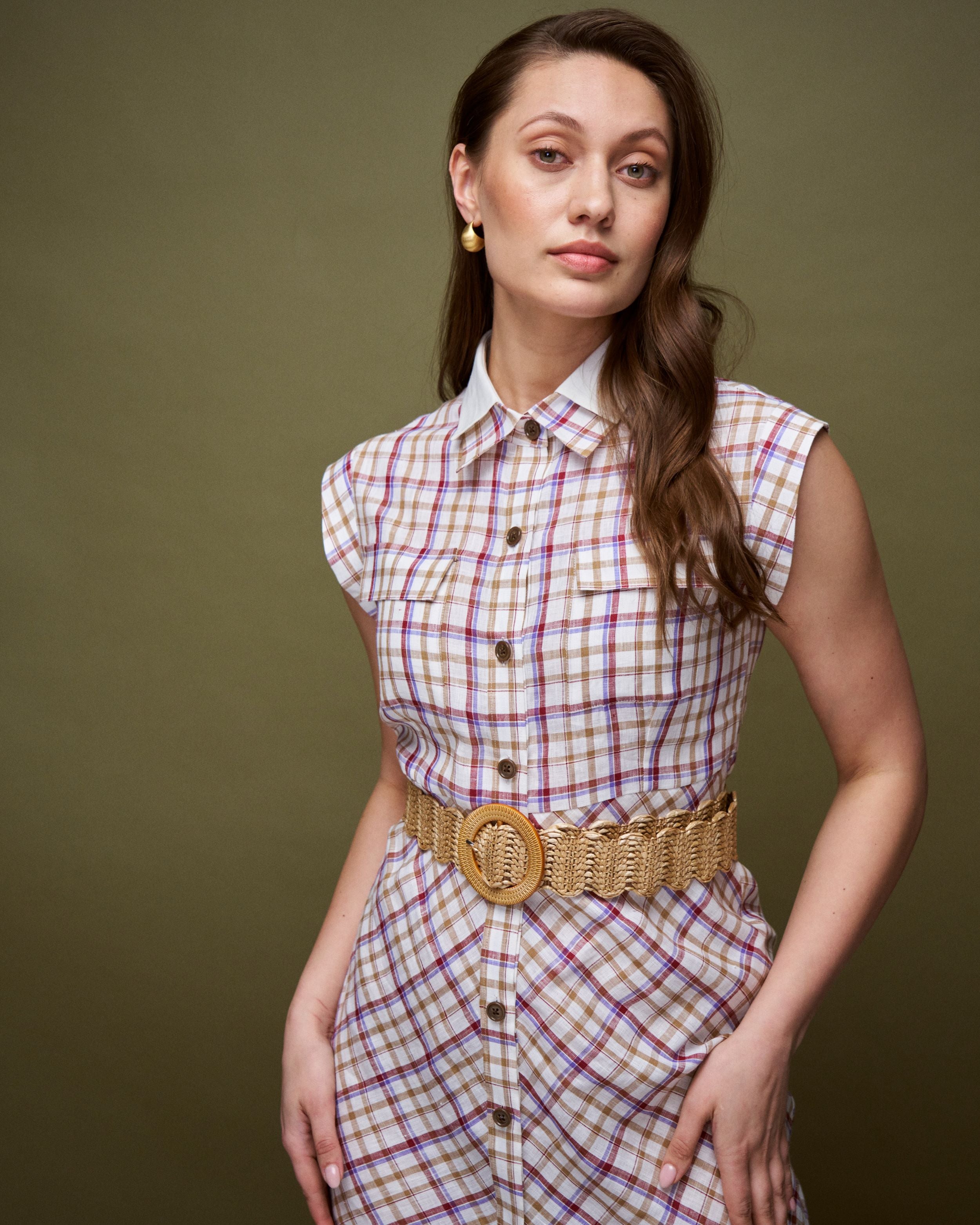 Logus double collar checkered linen dress