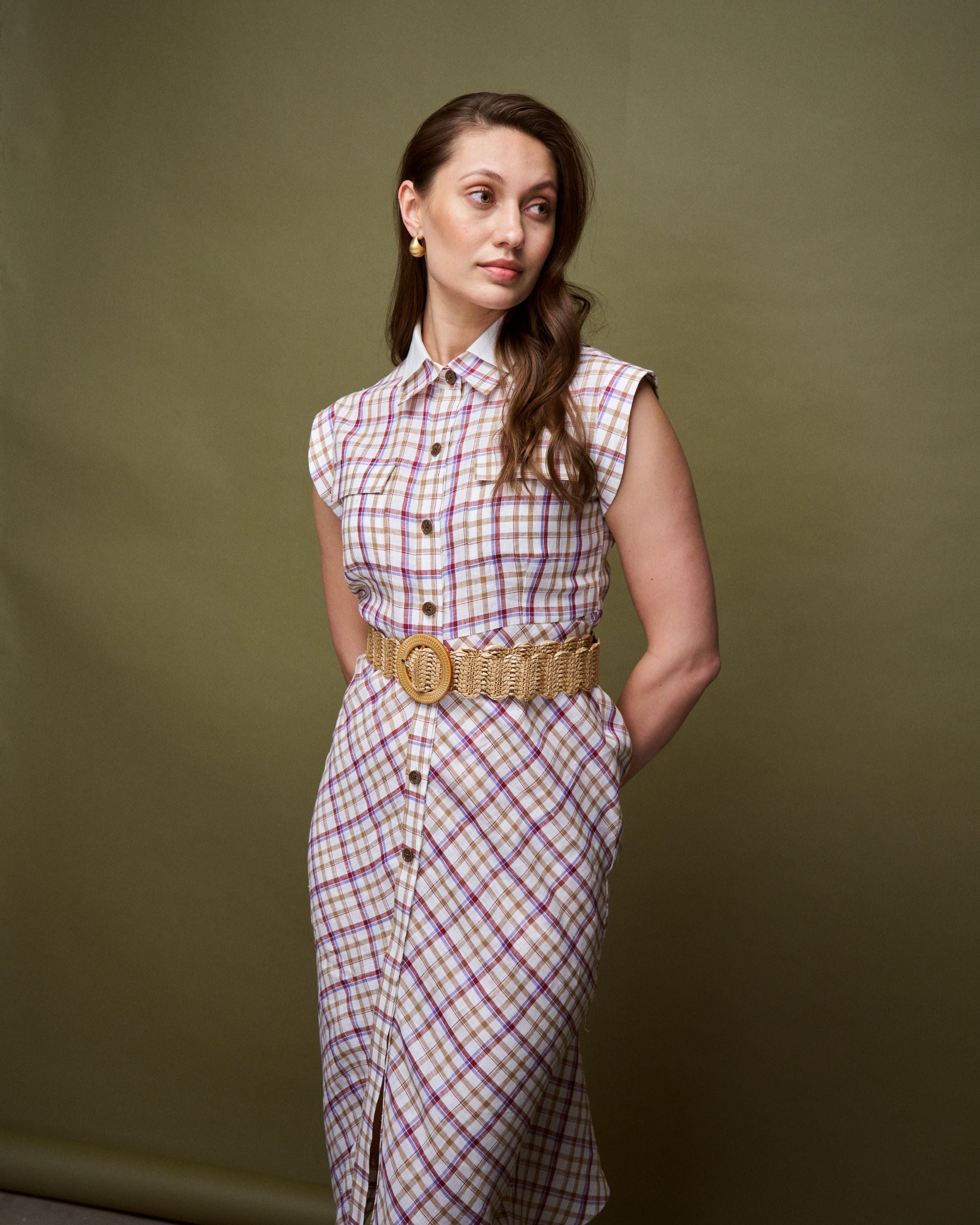 Logus double collar checkered linen dress