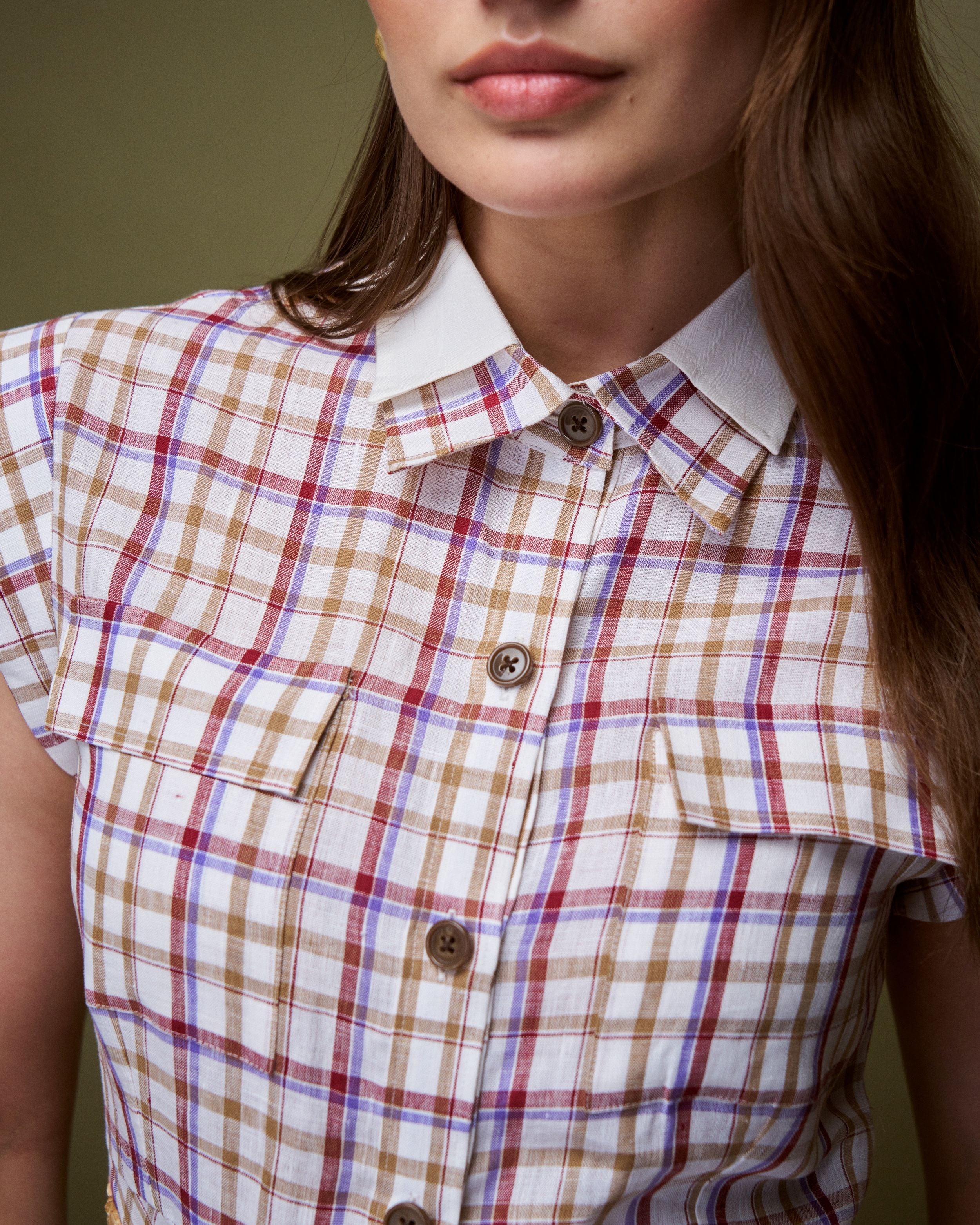 Logus double collar checkered linen dress
