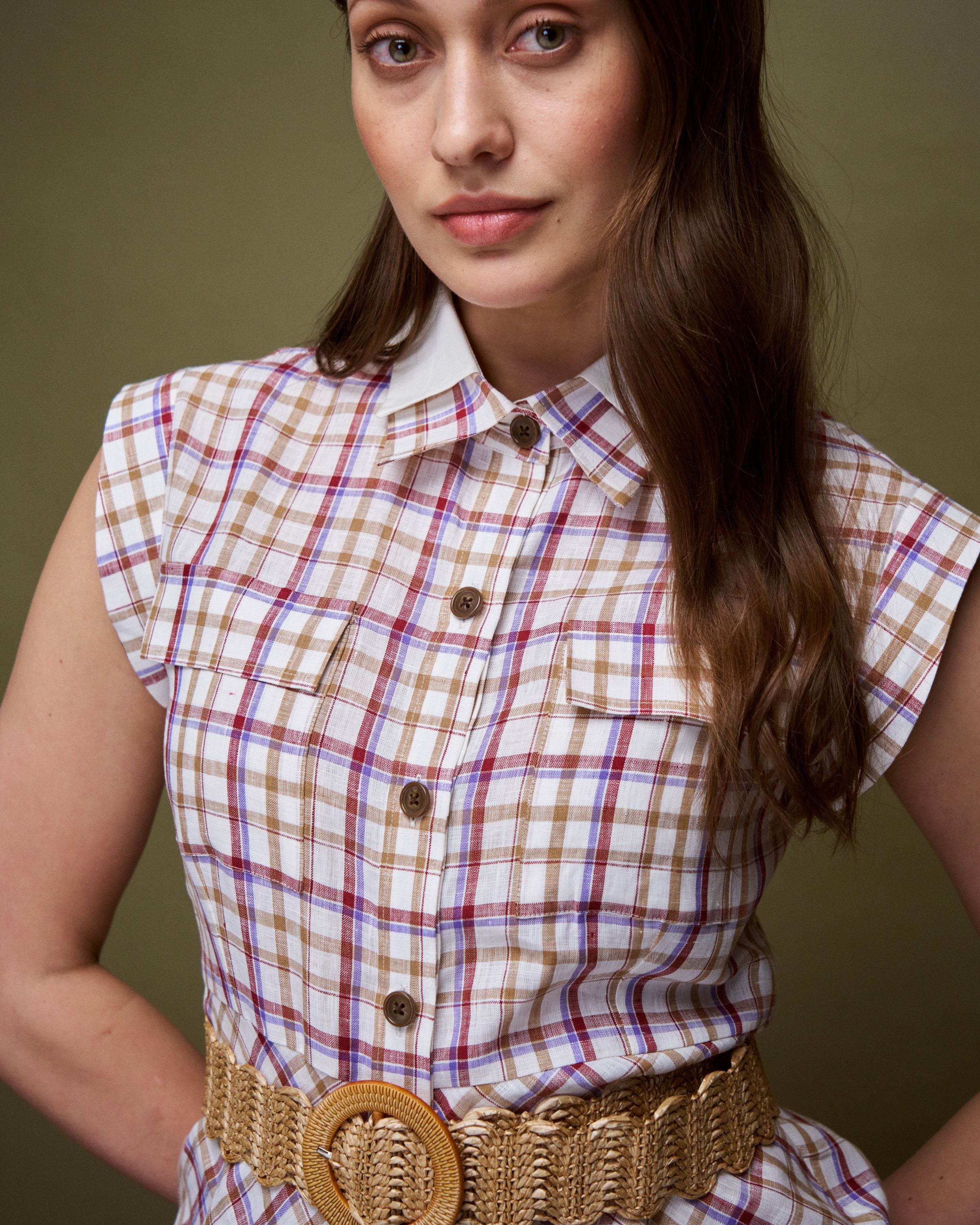 Logus double collar checkered linen dress