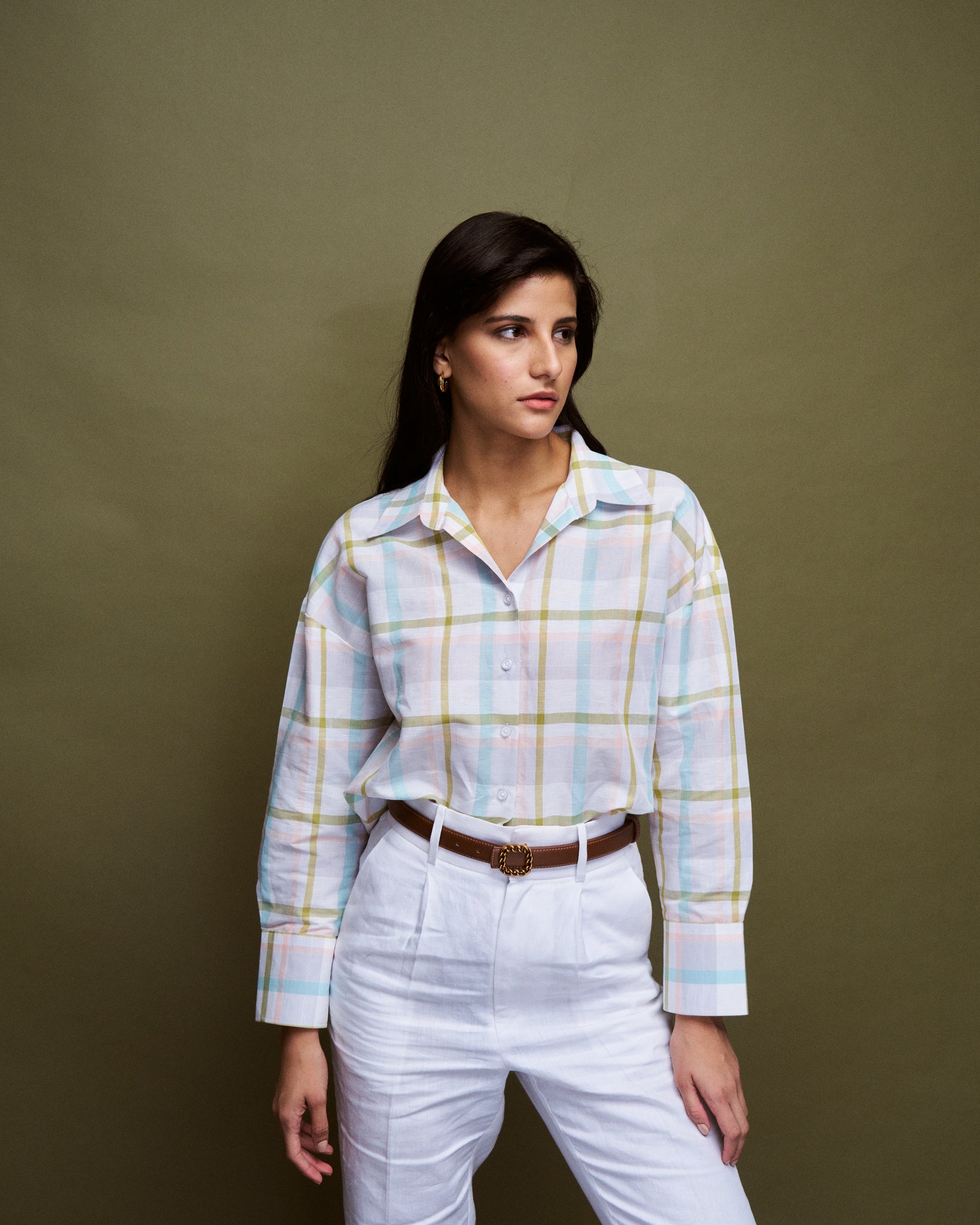 Logus printed multi color checks oversized cotton shirt