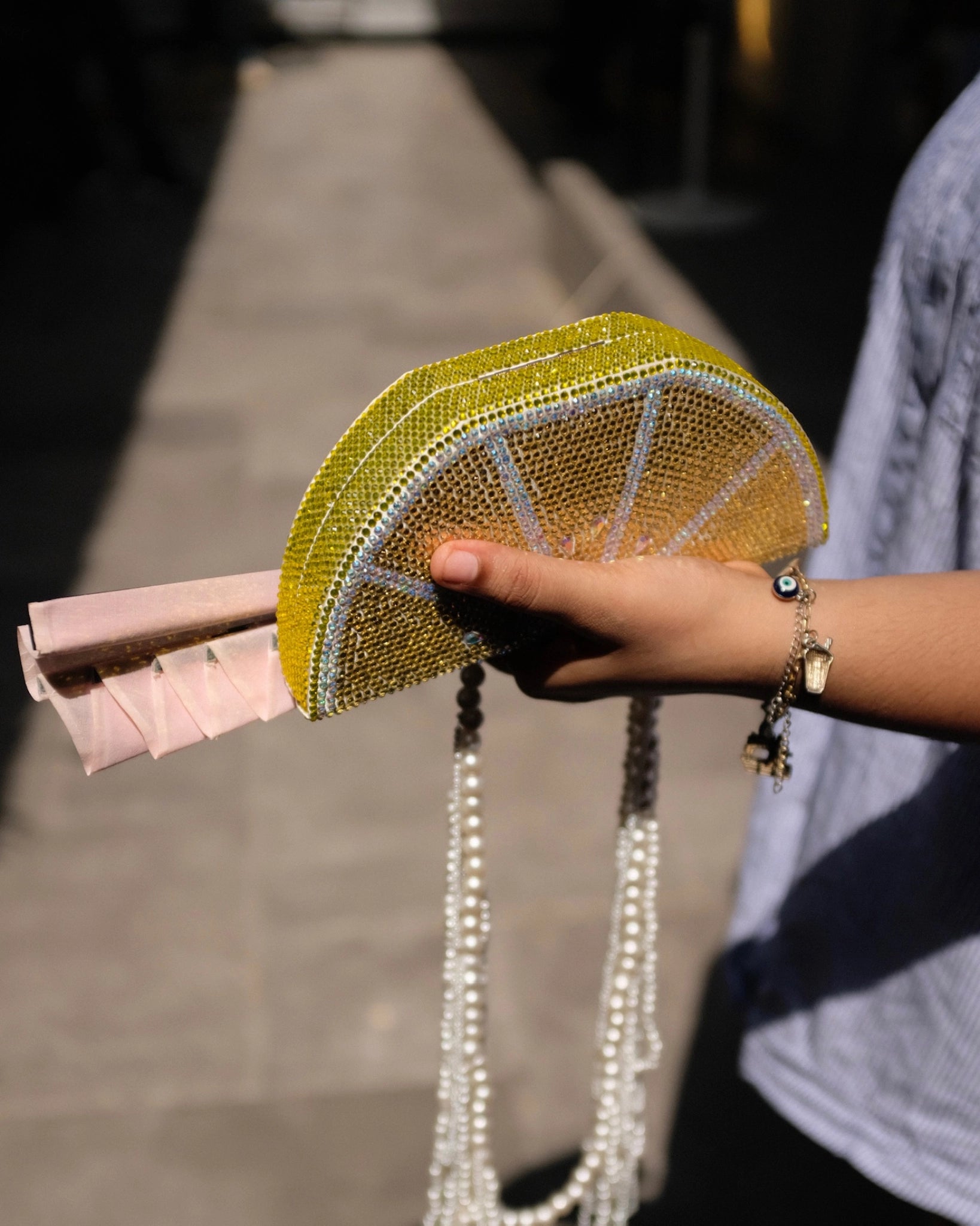 Lemon slice shaped embellished clutch