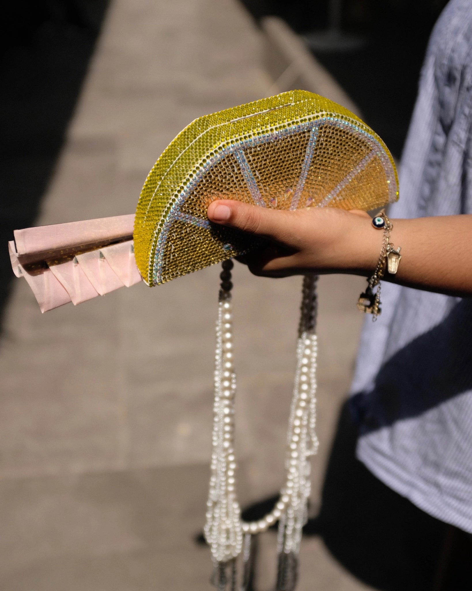 Lemon slice shaped embellished clutch