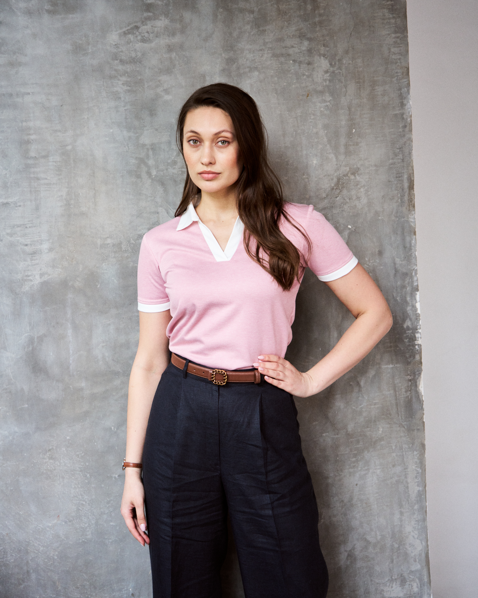 Logus Pink Contrast Polo collar Cotton T-shirt
