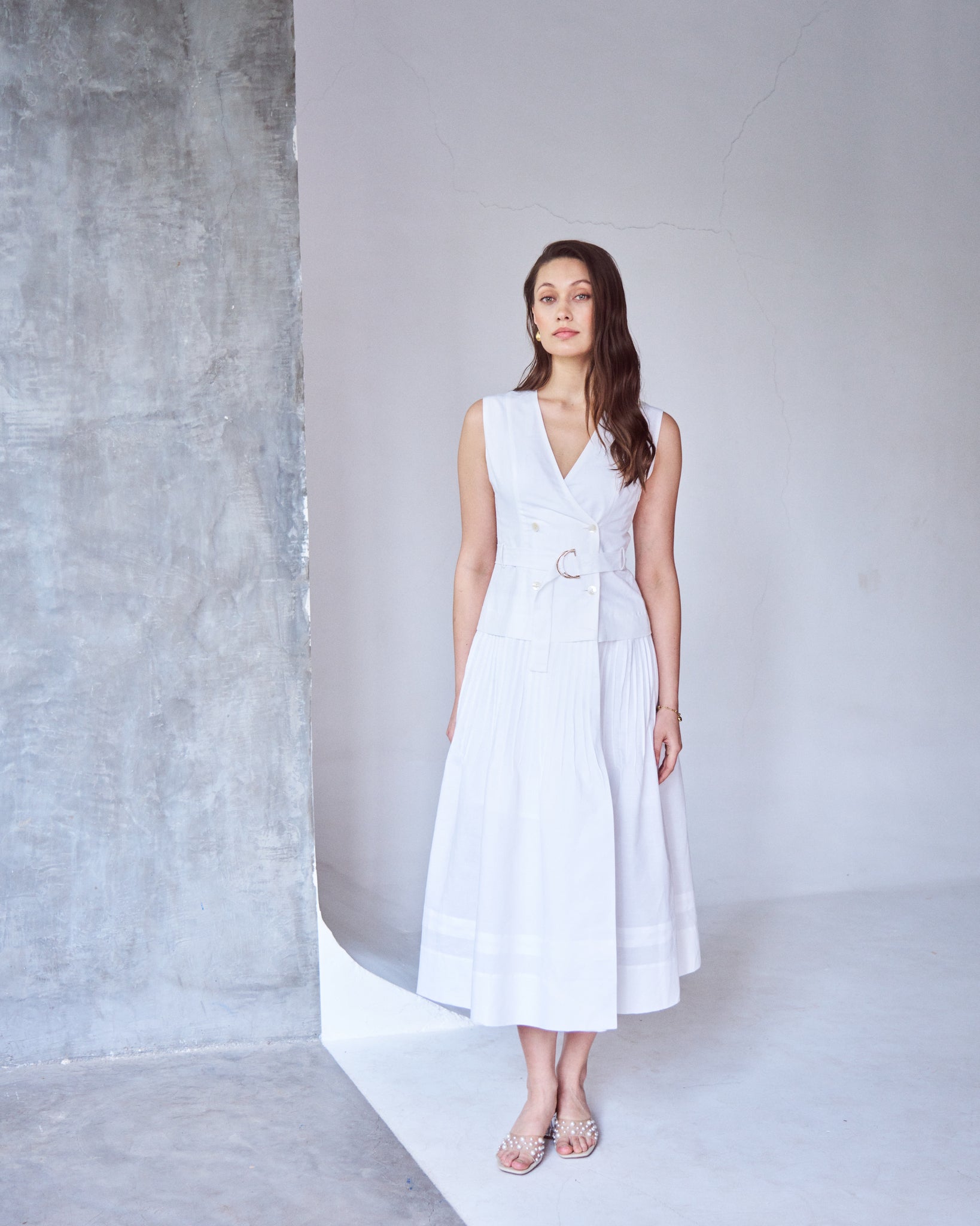 Logus White Linen double breasted pleated wrap dress