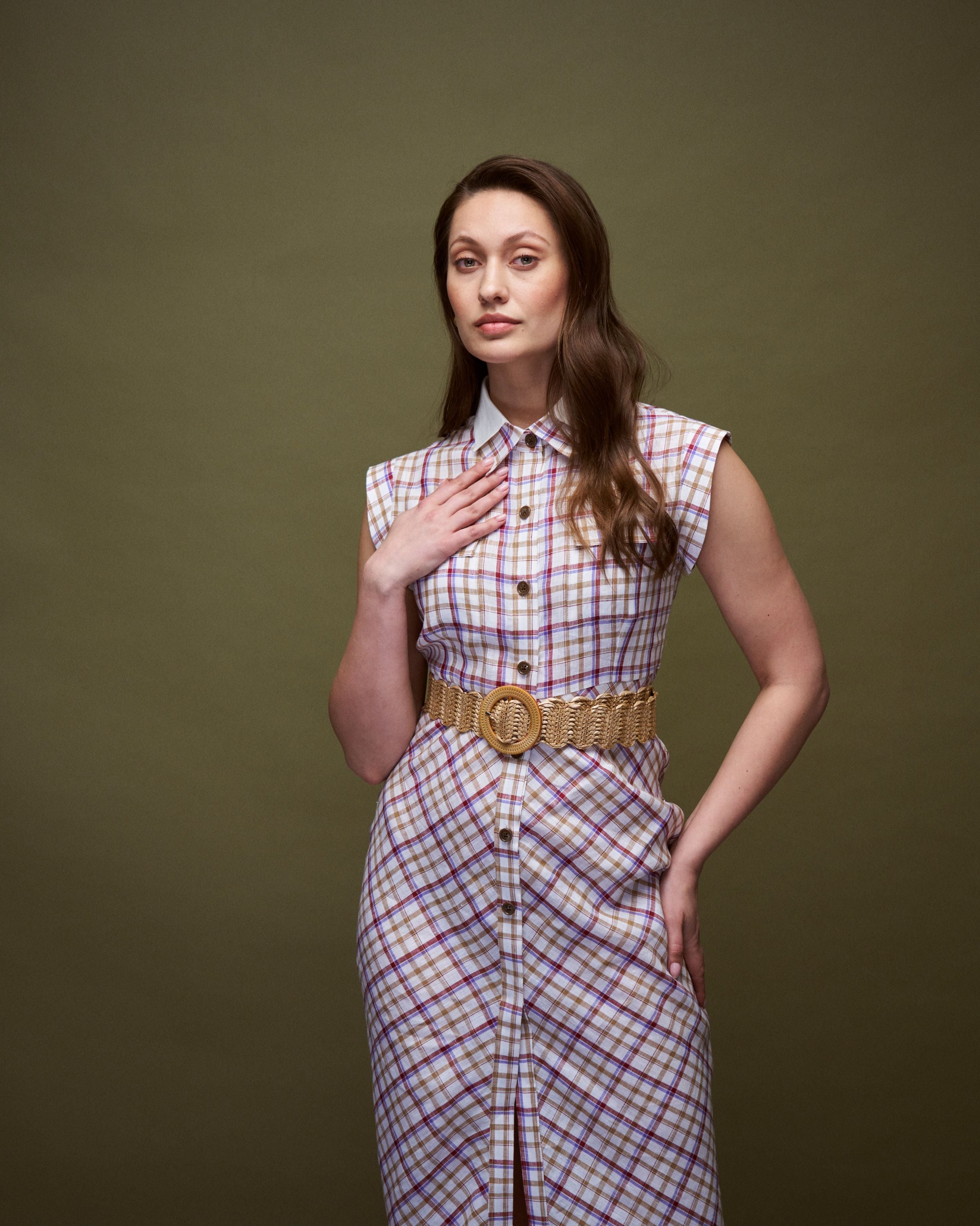 Logus double collar checkered linen dress