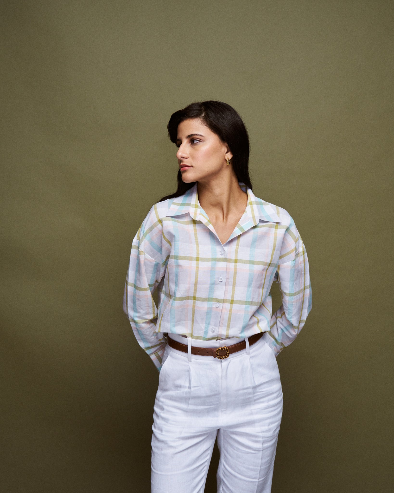 Logus printed multi color checks oversized cotton shirt