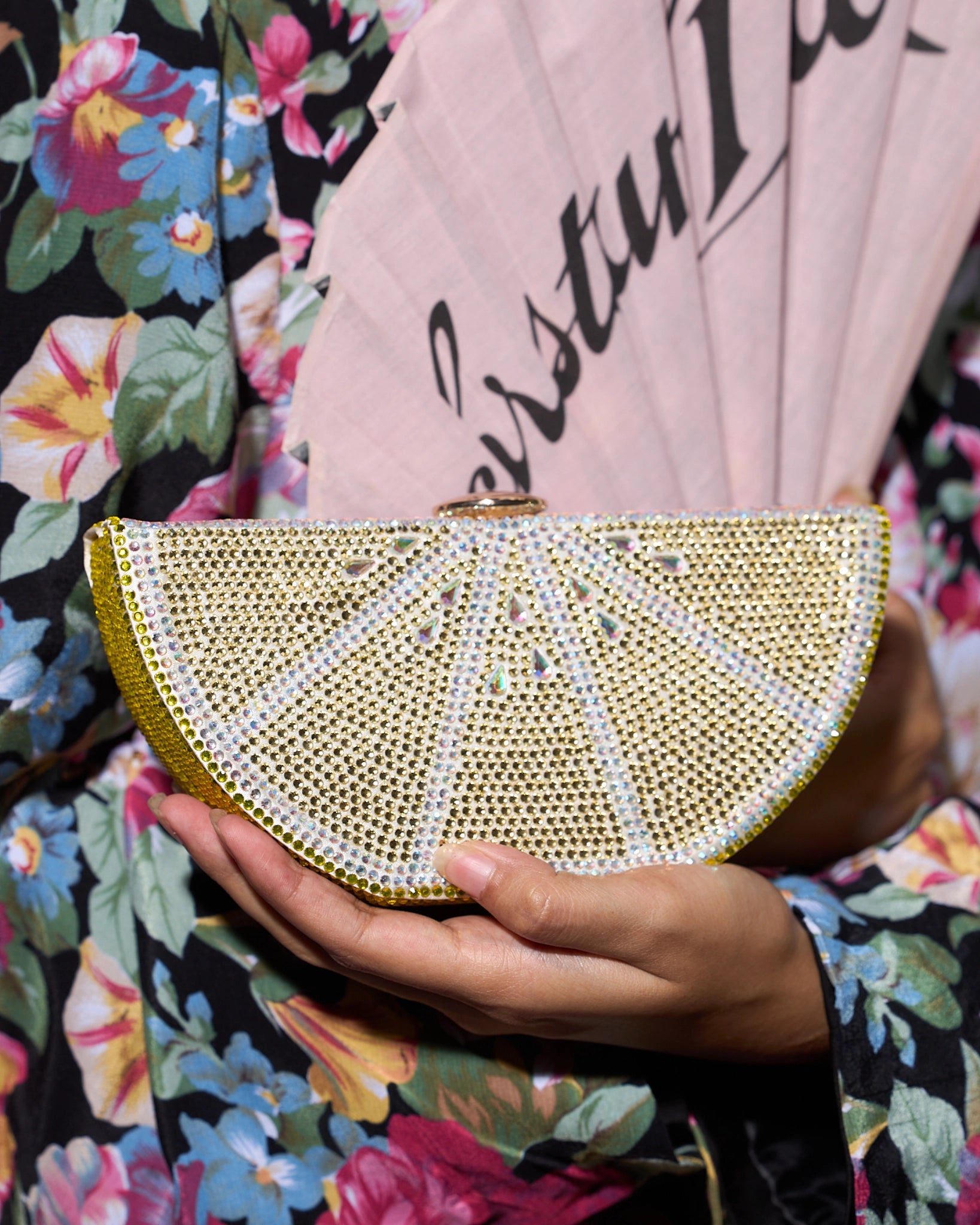 Lemon slice shaped embellished clutch